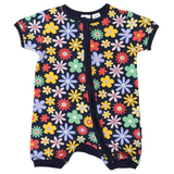 Flower Print Short Sleeve Zip Romper- Navy SS24