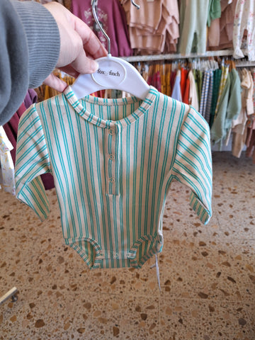 Turquoise Stripe Rib Long Sleeve Bodysuit- Turquoise Stripe AW22