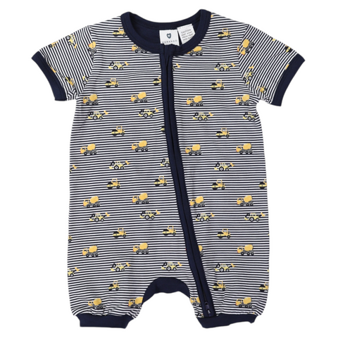 Trucks and Diggers Short Sleeve Zip Romper Navy SS24