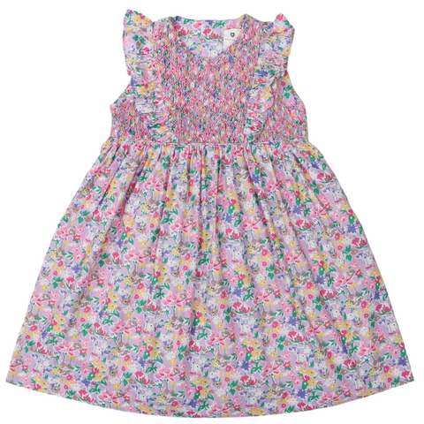 Hand Smocked Floral Dress with Frill Beige SS24