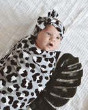 BLACK AND SILVER LEOPARD PRINT JERSEY WRAP & BOW KNOT HEADBAND GIFT SET